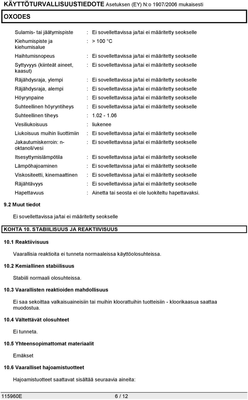 06 Vesiliukoisuus Liukoisuus muihin liuottimiin Jakautumiskerroin: n- oktanoli/vesi Itsesyttymislämpötila Lämpöhajoaminen Viskositeetti, kinemaattinen Räjähtävyys Hapettavuus 9.