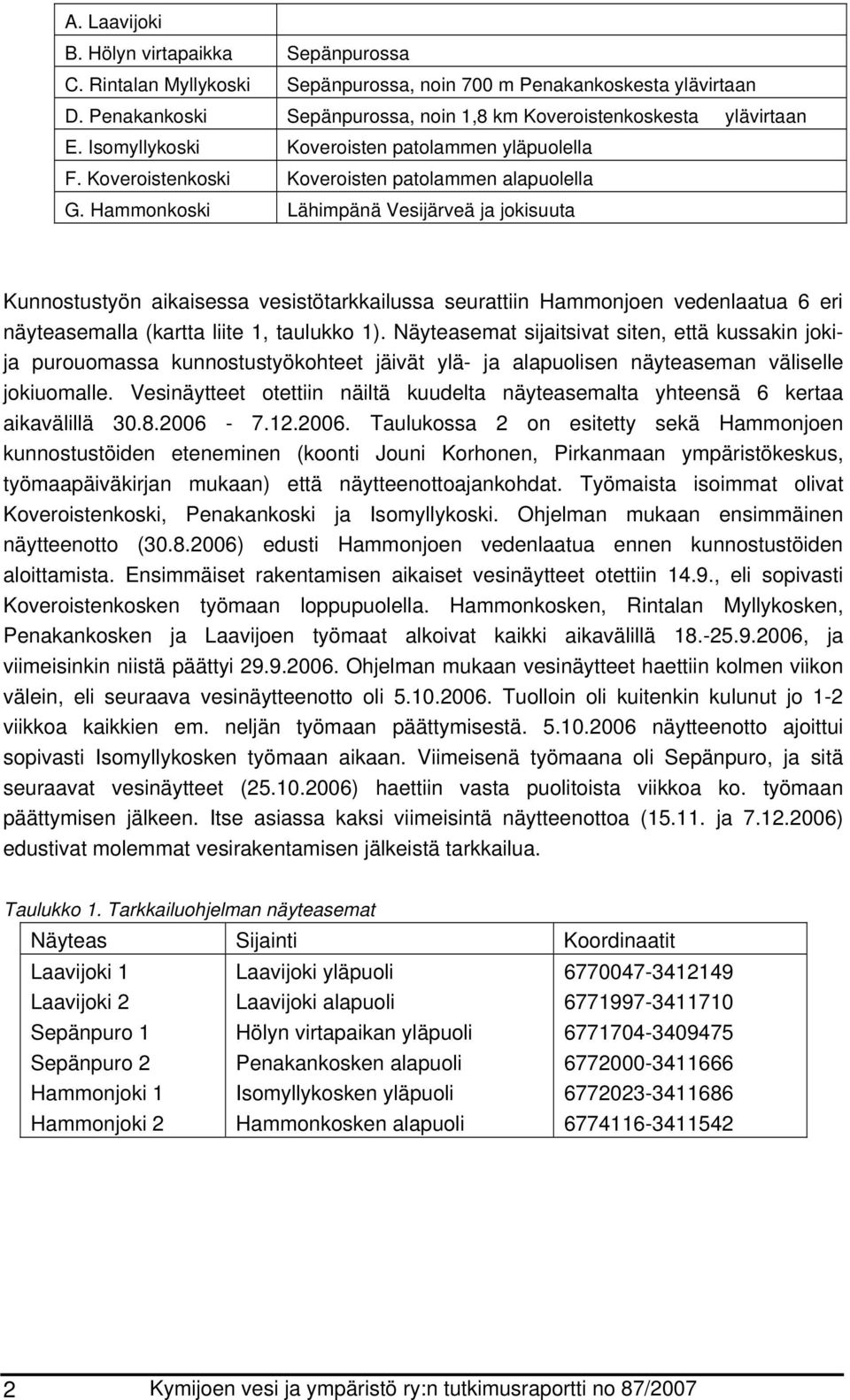 Hammonkoski Lähimpänä Vesijärveä ja jokisuuta Kunnostustyön aikaisessa vesistötarkkailussa seurattiin Hammonjoen vedenlaatua 6 eri näyteasemalla (kartta liite 1, taulukko 1).