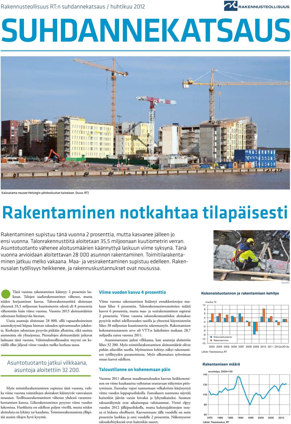 Asuntotuotanto vähenee aloitusmäärien käännyttyä laskuun viime syksynä. Tänä vuonna arvioidaan aloitettavan 28 000 asunnon rakentaminen. Toimitilarakentaminen jatkuu melko vakaana.