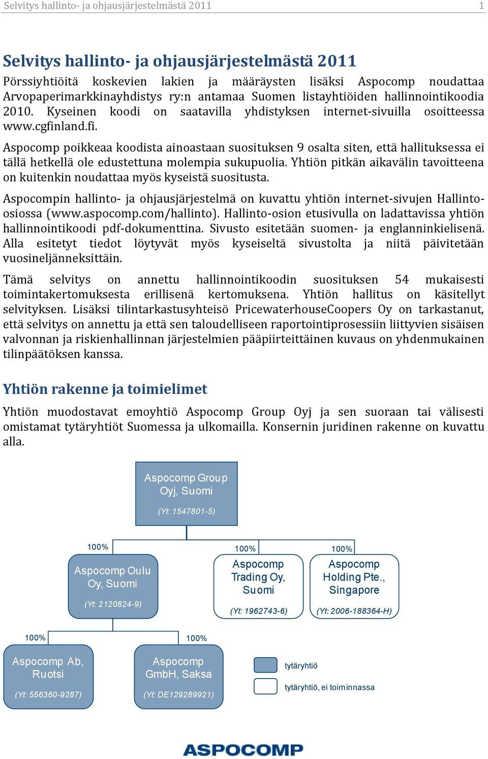 land.fi. Aspocomp poikkeaa koodista ainoastaan suosituksen 9 osalta siten, että hallituksessa ei tällä hetkellä ole edustettuna molempia sukupuolia.