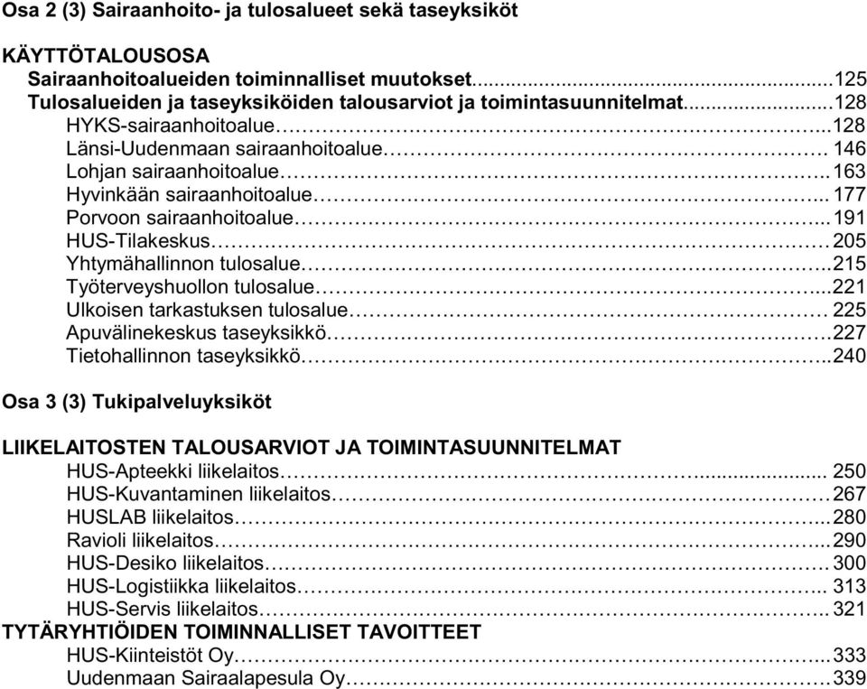 ..191 HUS-Tilakeskus 205 Yhtymähallinnon tulosalue..215 Työterveyshuollon tulosalue...221 Ulkoisen tarkastuksen tulosalue 225 Apuvälinekeskus taseyksikkö.227 Tietohallinnon taseyksikkö.