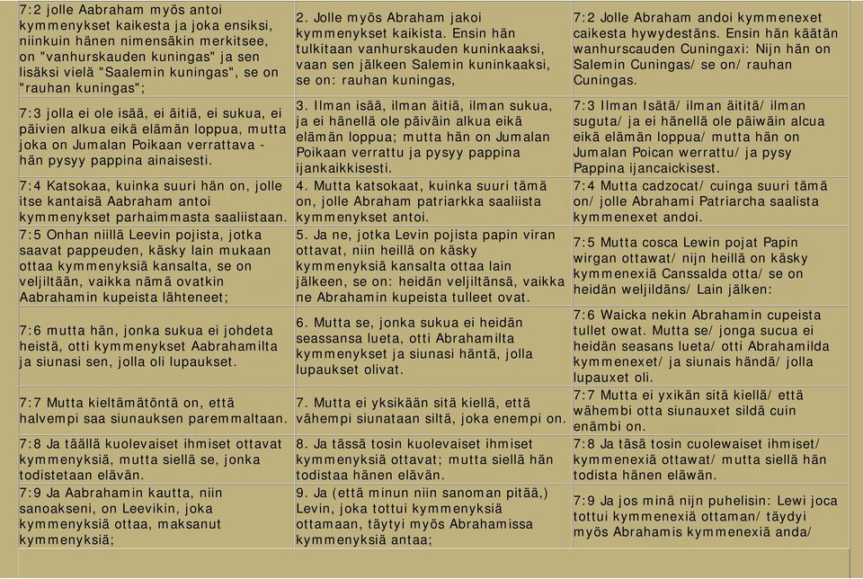 7:4 Katsokaa, kuinka suuri hän on, jolle itse kantaisä Aabraham antoi kymmenykset parhaimmasta saaliistaan.