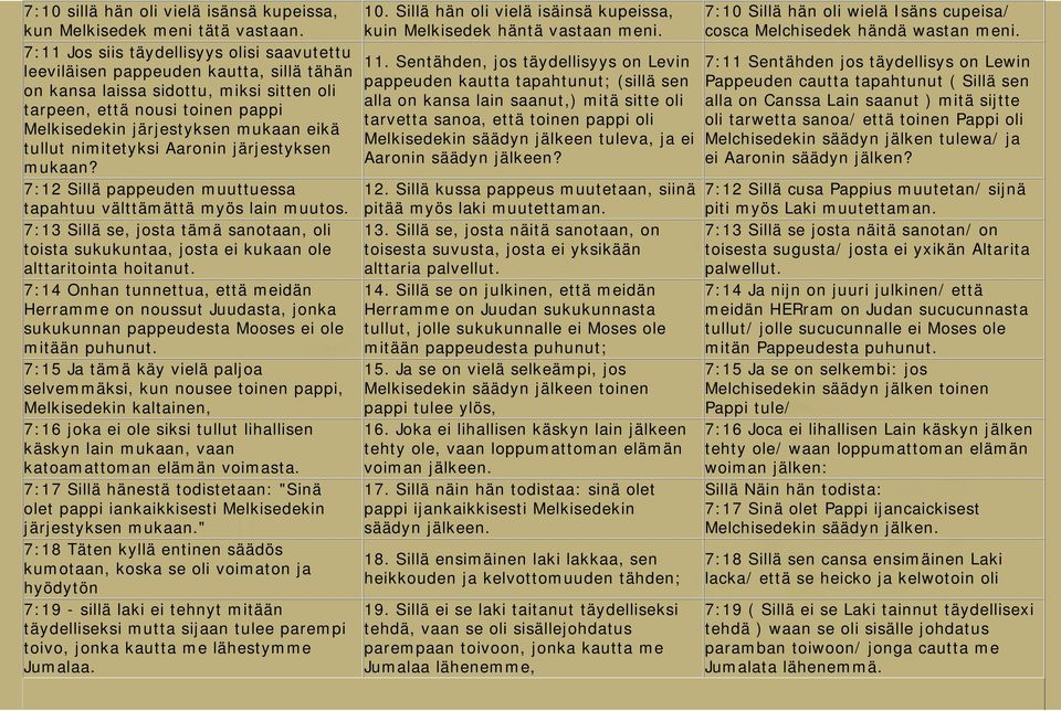 tullut nimitetyksi Aaronin järjestyksen mukaan? 7:12 Sillä pappeuden muuttuessa tapahtuu välttämättä myös lain muutos.