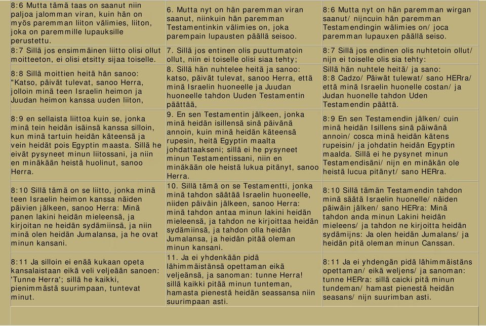 8:8 Sillä moittien heitä hän sanoo: "Katso, päivät tulevat, sanoo Herra, jolloin minä teen Israelin heimon ja Juudan heimon kanssa uuden liiton, 8:9 en sellaista liittoa kuin se, jonka minä tein