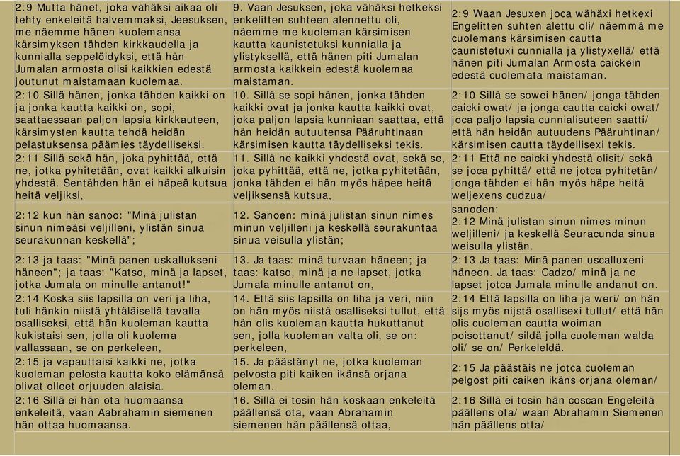 2:10 Sillä hänen, jonka tähden kaikki on ja jonka kautta kaikki on, sopi, saattaessaan paljon lapsia kirkkauteen, kärsimysten kautta tehdä heidän pelastuksensa päämies täydelliseksi.