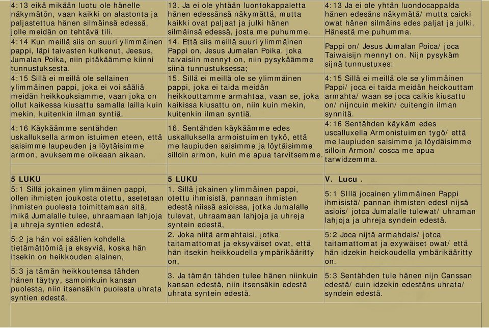 4:15 Sillä ei meillä ole sellainen ylimmäinen pappi, joka ei voi sääliä meidän heikkouksiamme, vaan joka on ollut kaikessa kiusattu samalla lailla kuin mekin, kuitenkin ilman syntiä.