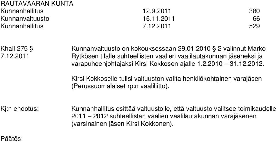 Kirsi Kokkoselle tulisi valtuuston valita henkilökohtainen varajäsen (Perussuomalaiset rp:n vaaliliitto).