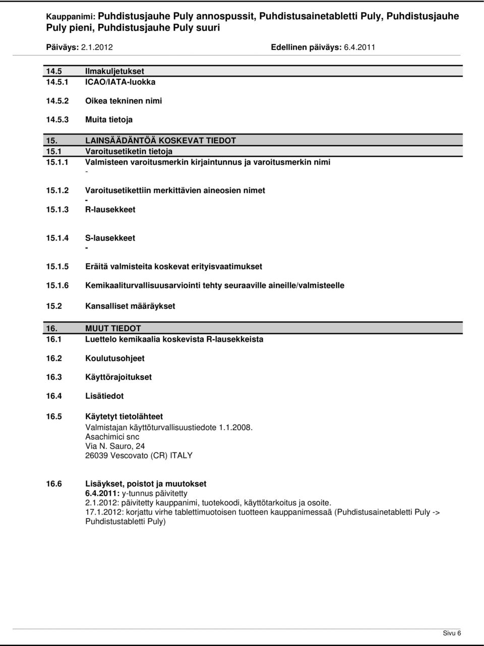 2 Kansalliset määräykset 16. MUUT TIEDOT 16.1 Luettelo kemikaalia koskevista R-lausekkeista 16.2 Koulutusohjeet 16.3 Käyttörajoitukset 16.4 Lisätiedot 16.