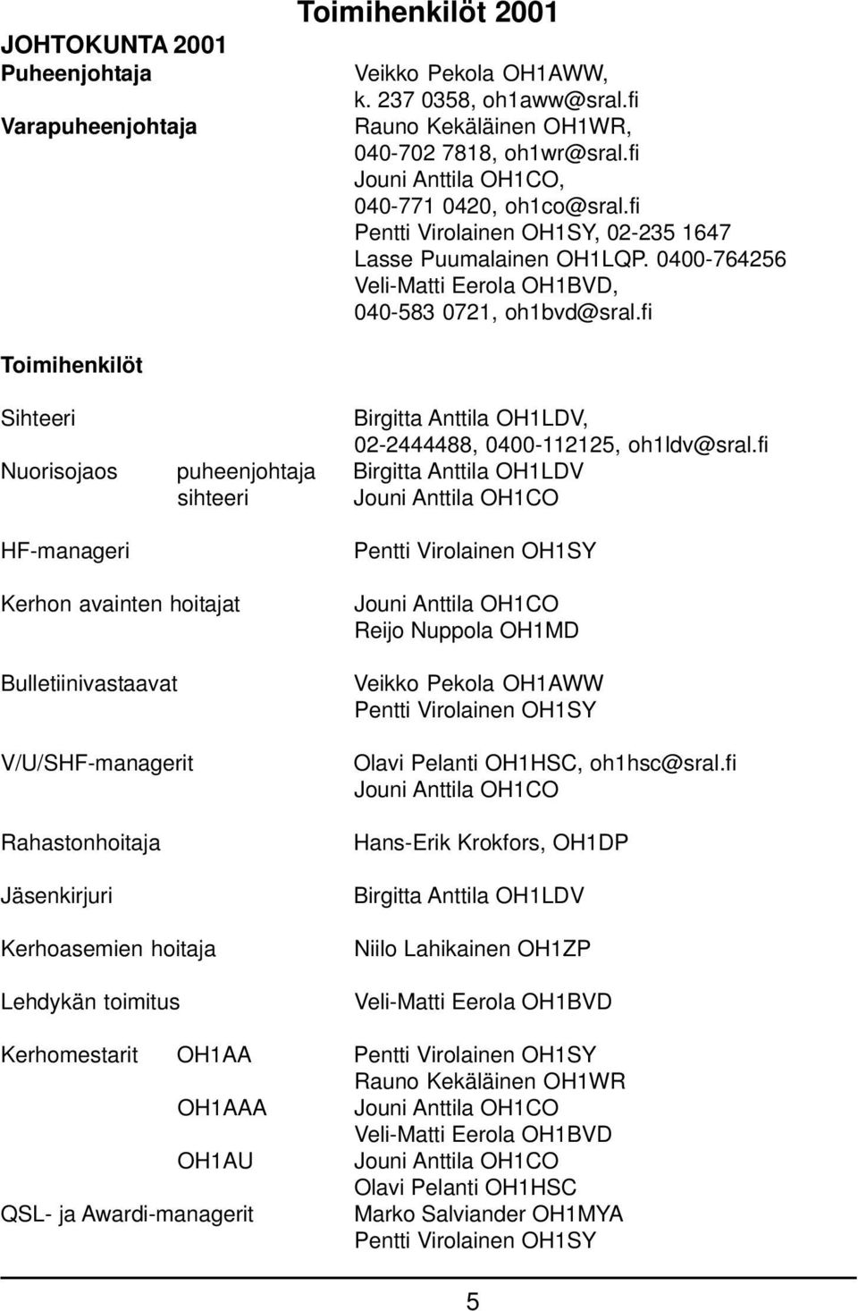 fi Nuorisojaos puheenjohtaja Birgitta Anttila OH1LDV sihteeri HF-manageri Kerhon avainten hoitajat Bulletiinivastaavat V/U/SHF-managerit Rahastonhoitaja Jäsenkirjuri Kerhoasemien hoitaja Lehdykän
