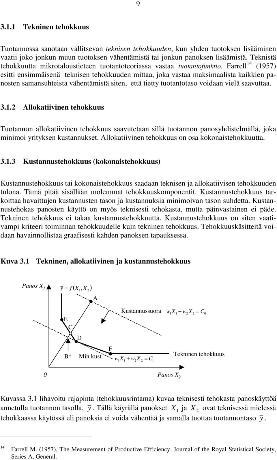 Farrell 14 (1957) esitti ensimmäisenä teknisen tehokkuuden mittaa, joka vastaa maksimaalista kaikkien panosten samansuhteista vähentämistä siten, että tietty tuotantotaso voidaan vielä saavuttaa. 3.1.2 Allokatiivinen tehokkuus Tuotannon allokatiivinen tehokkuus saavutetaan sillä tuotannon panosyhdistelmällä, joka minimoi yrityksen kustannukset.