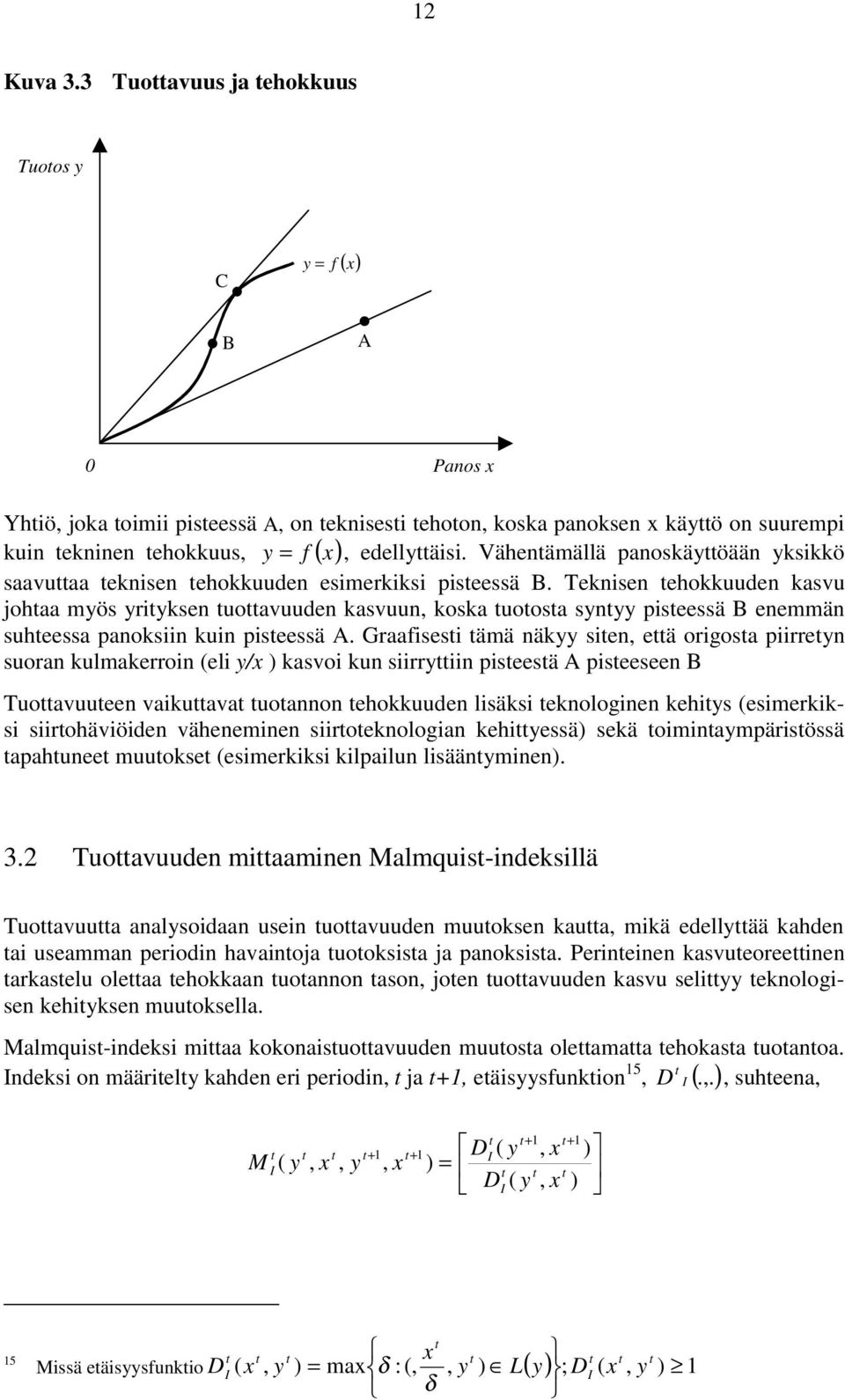 Vähentämällä panoskäyttöään yksikkö saavuttaa teknisen tehokkuuden esimerkiksi pisteessä B.