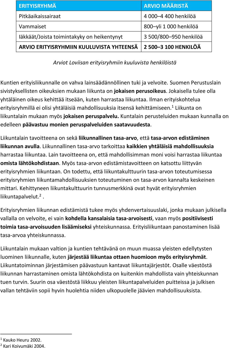 Suomen Perustuslain sivistyksellisten oikeuksien mukaan liikunta on jokaisen perusoikeus. Jokaisella tulee olla yhtäläinen oikeus kehittää itseään, kuten harrastaa liikuntaa.