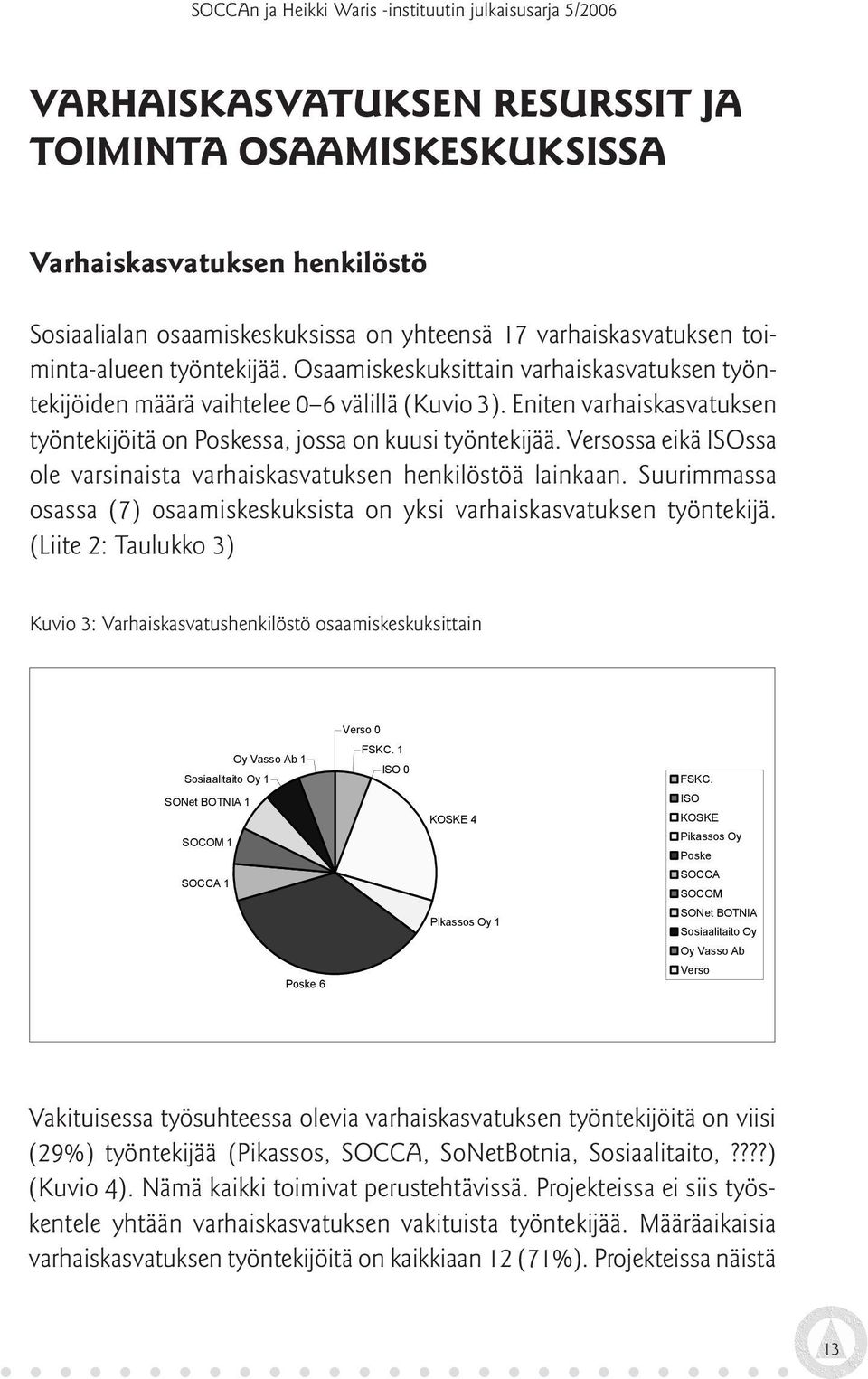 Versossa eikä ISOssa ole varsinaista varhaiskasvatuksen henkilöstöä lainkaan. Suurimmassa osassa (7) osaamiskeskuksista on yksi varhaiskasvatuksen työntekijä.