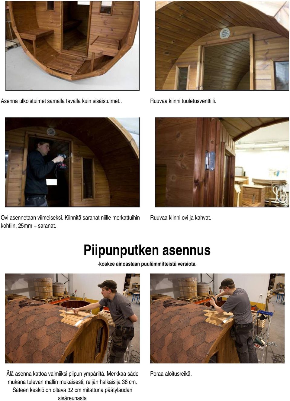 Piipunputken asennus -koskee ainoastaan puulämmitteistä versiota. Älä asenna kattoa valmiiksi piipun ympäriltä.