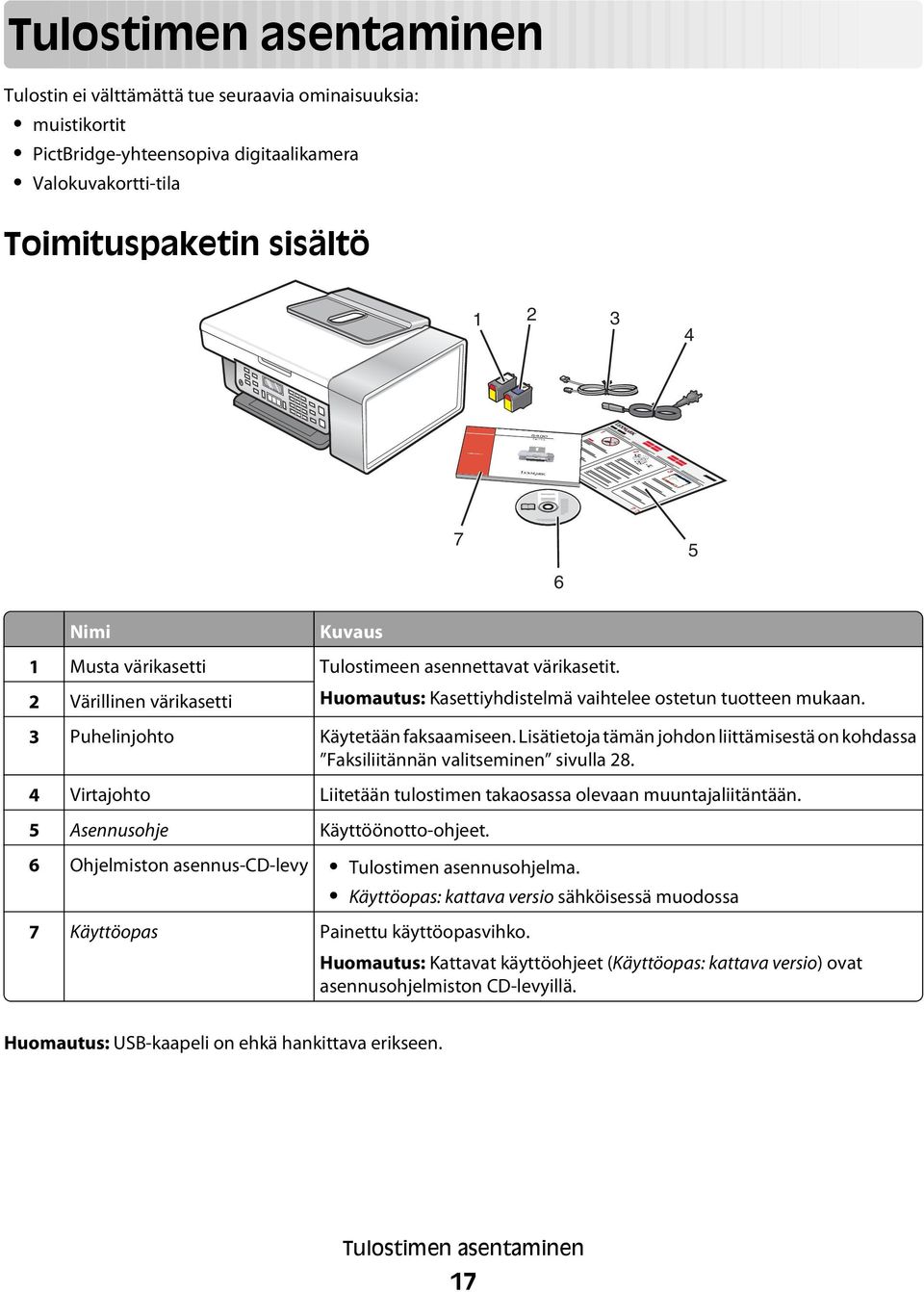 Lisätietoja tämän johdon liittämisestä on kohdassa Faksiliitännän valitseminen sivulla 28. 4 Virtajohto Liitetään tulostimen takaosassa olevaan muuntajaliitäntään. 5 Asennusohje Käyttöönotto-ohjeet.