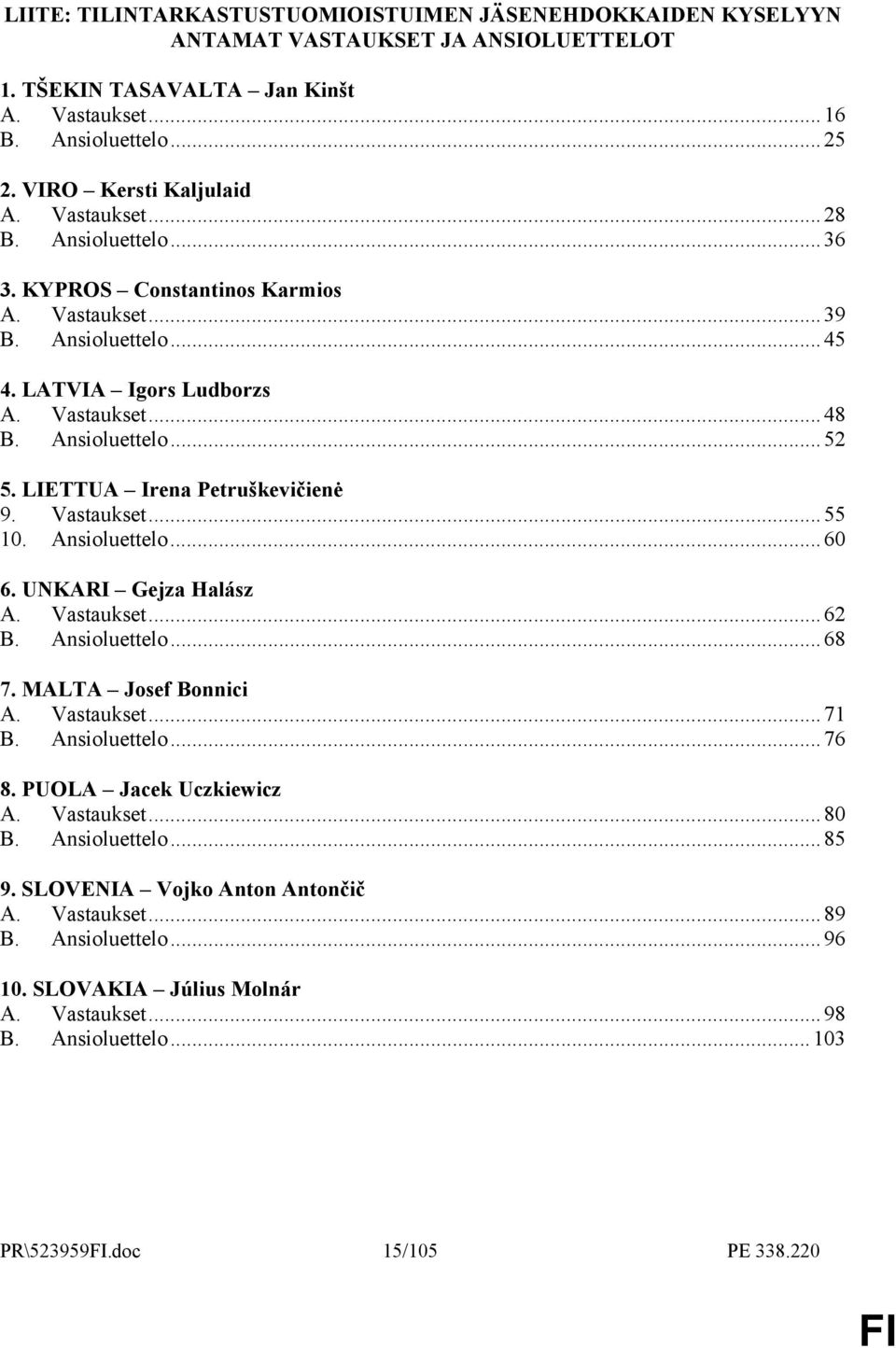 LIETTUA Irena Petruškevičienė 9. Vastaukset... 55 10. Ansioluettelo... 60 6. UNKARI Gejza Halász... 62 B. Ansioluettelo... 68 7. MALTA Josef Bonnici... 71 B. Ansioluettelo... 76 8.