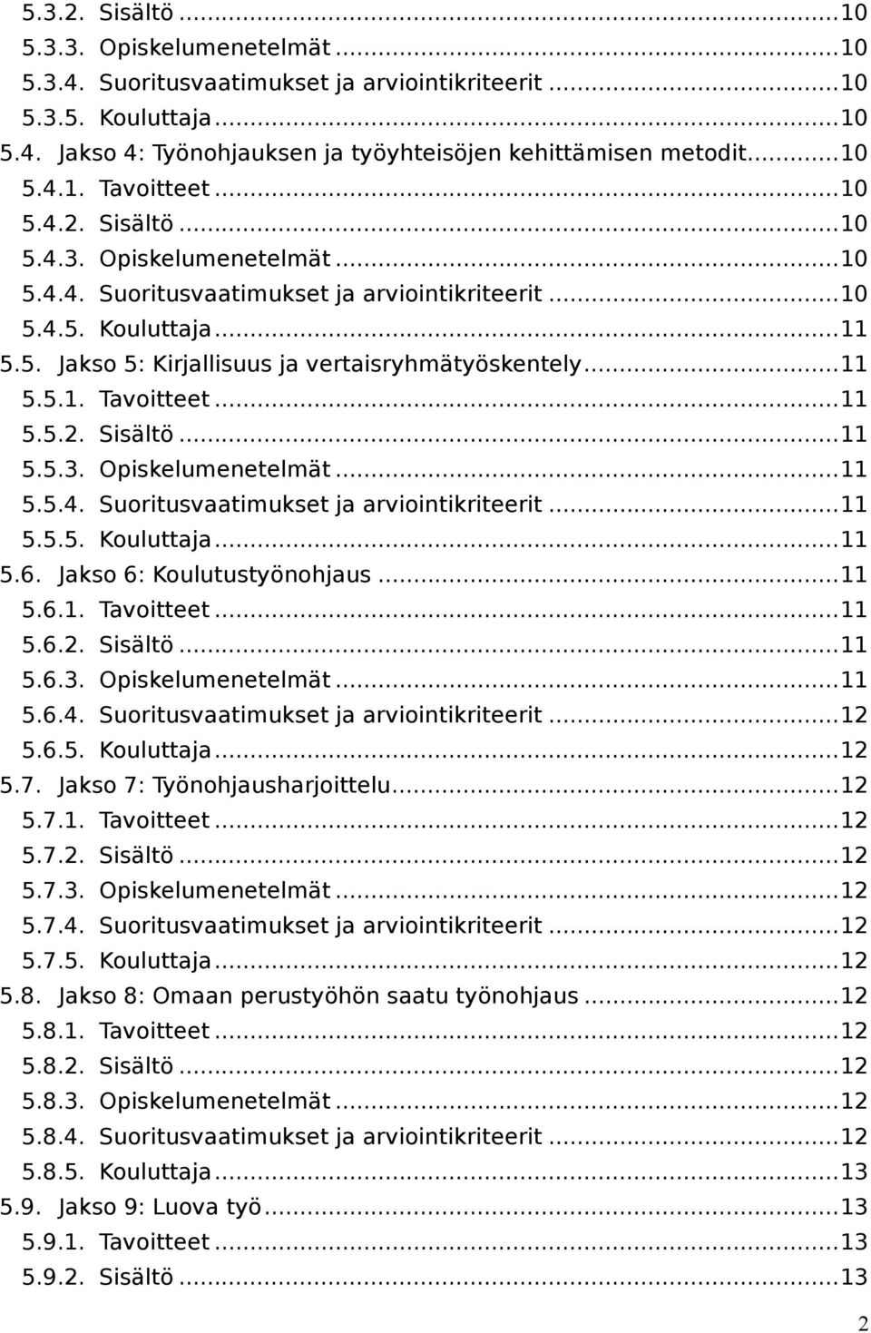 .. 11 5.5.1. Tavoitteet... 11 5.5.2. Sisältö... 11 5.5.3. Opiskelumenetelmät... 11 5.5.4. Suoritusvaatimukset ja arviointikriteerit... 11 5.5.5. Kouluttaja... 11 5.6. Jakso 6: Koulutustyönohjaus.