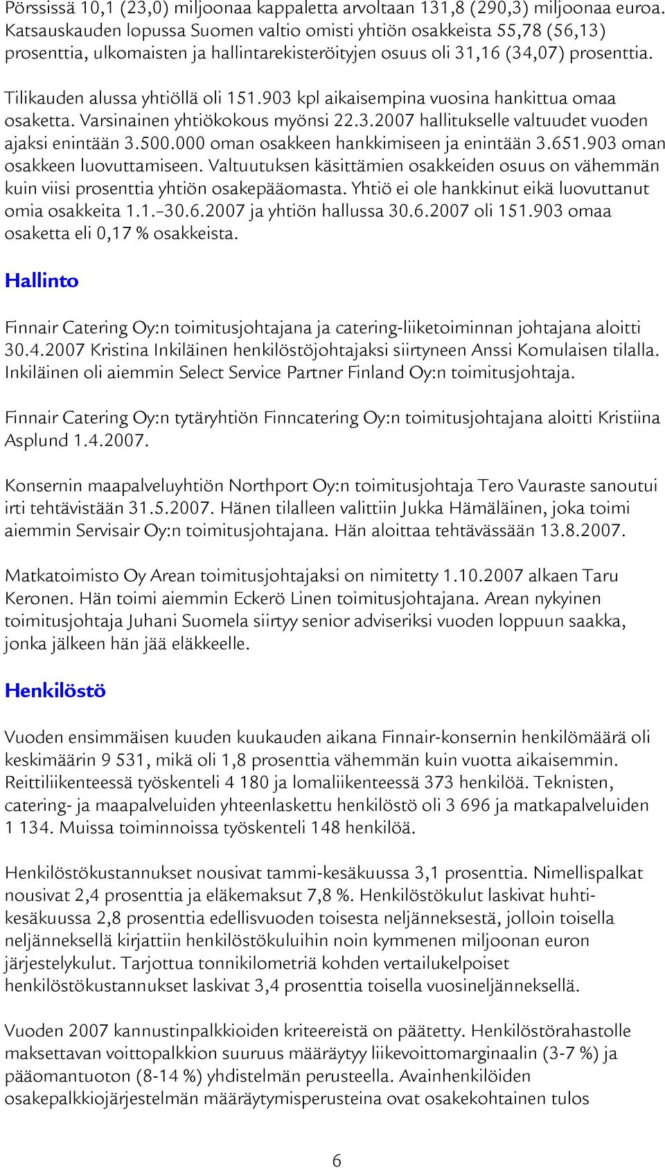 903 kpl aikaisempina vuosina hankittua omaa osaketta. Varsinainen yhtiökokous myönsi 22.3.2007 hallitukselle valtuudet vuoden ajaksi enintään 3.500.000 oman osakkeen hankkimiseen ja enintään 3.651.