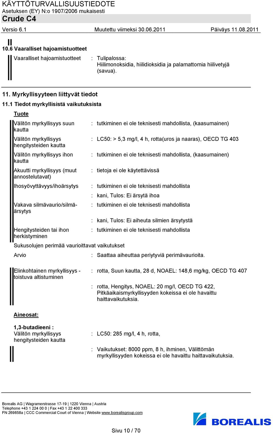 ihon kautta Akuutti myrkyllisyys (muut annostelutavat) Ihosyövyttävyys/ihoärsytys Vakava silmävaurio/silmäärsytys Hengitysteiden tai ihon herkistyminen : LC50: > 5,3 mg/l, 4 h, rotta(uros ja naaras),