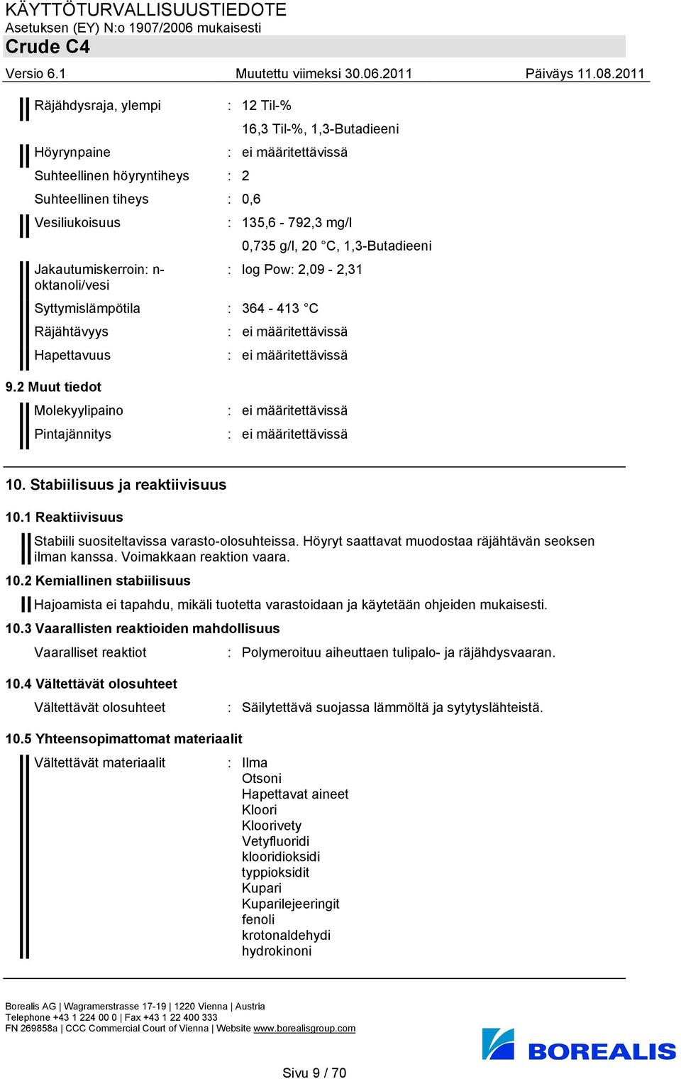 2 Muut tiedot Molekyylipaino Pintajännitys : ei määritettävissä : ei määritettävissä 10. Stabiilisuus ja reaktiivisuus 10.1 Reaktiivisuus Stabiili suositeltavissa varasto-olosuhteissa.