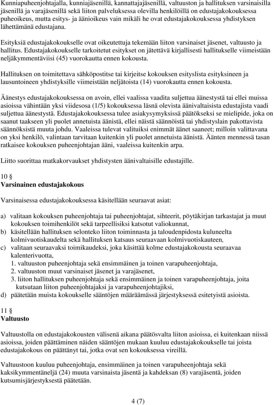 Esityksiä edustajakokoukselle ovat oikeutettuja tekemään liiton varsinaiset jäsenet, valtuusto ja hallitus.