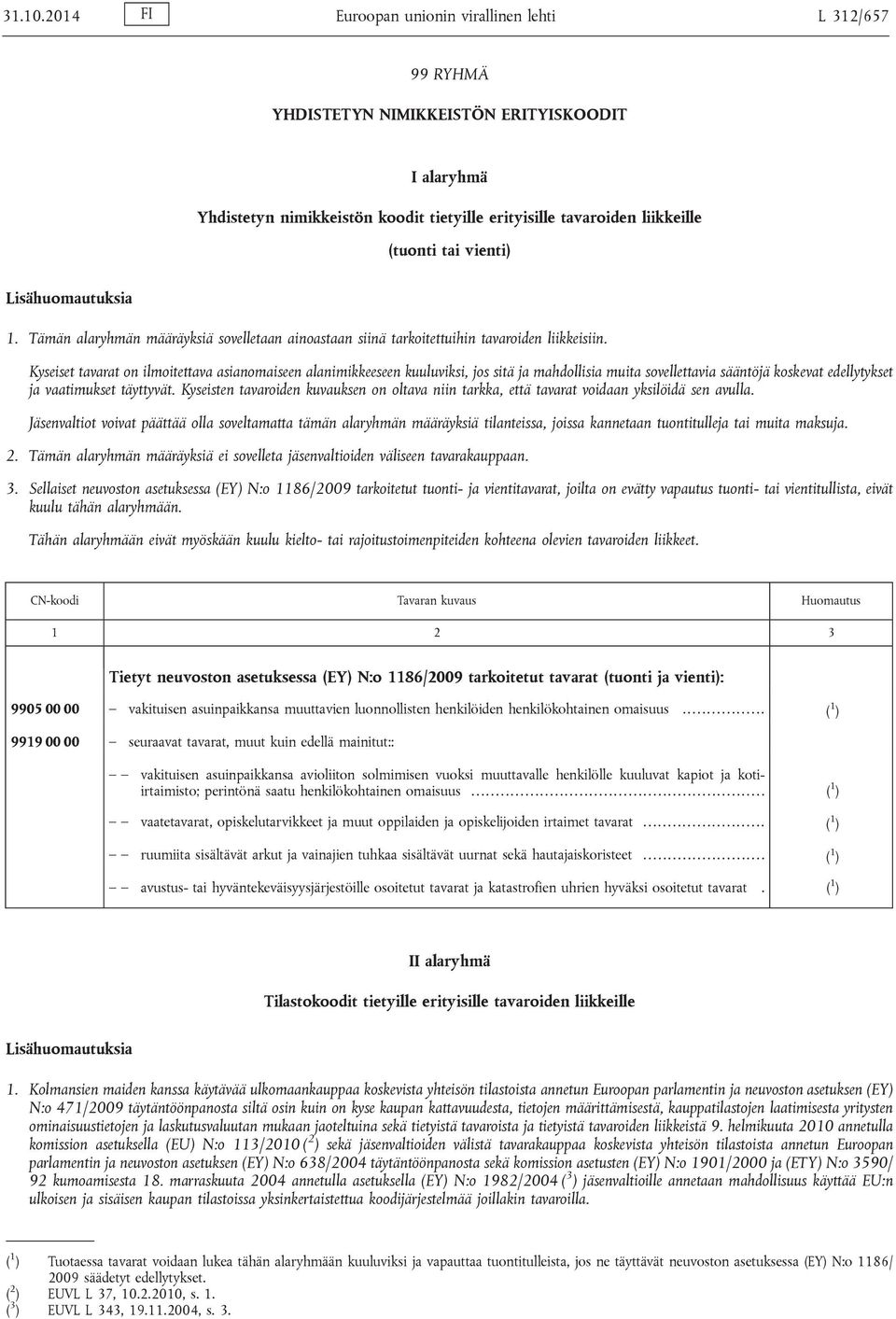 vienti) Lisähuomautuksia 1. Tämän alaryhmän määräyksiä sovelletaan ainoastaan siinä tarkoitettuihin tavaroiden liikkeisiin.