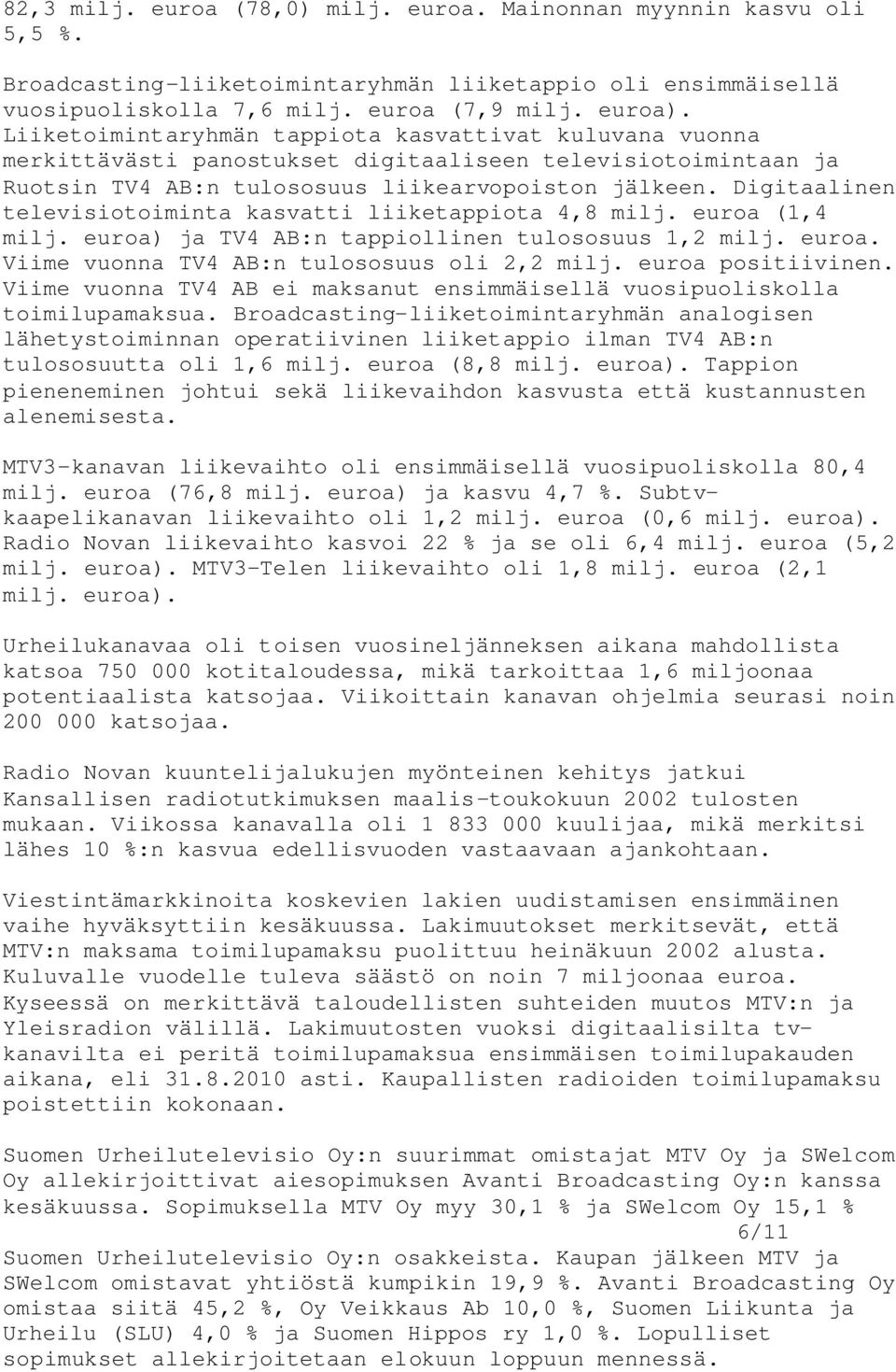 Digitaalinen televisiotoiminta kasvatti liiketappiota 4,8 milj. euroa (1,4 milj. euroa) ja TV4 AB:n tappiollinen tulososuus 1,2 milj. euroa. Viime vuonna TV4 AB:n tulososuus oli 2,2 milj.