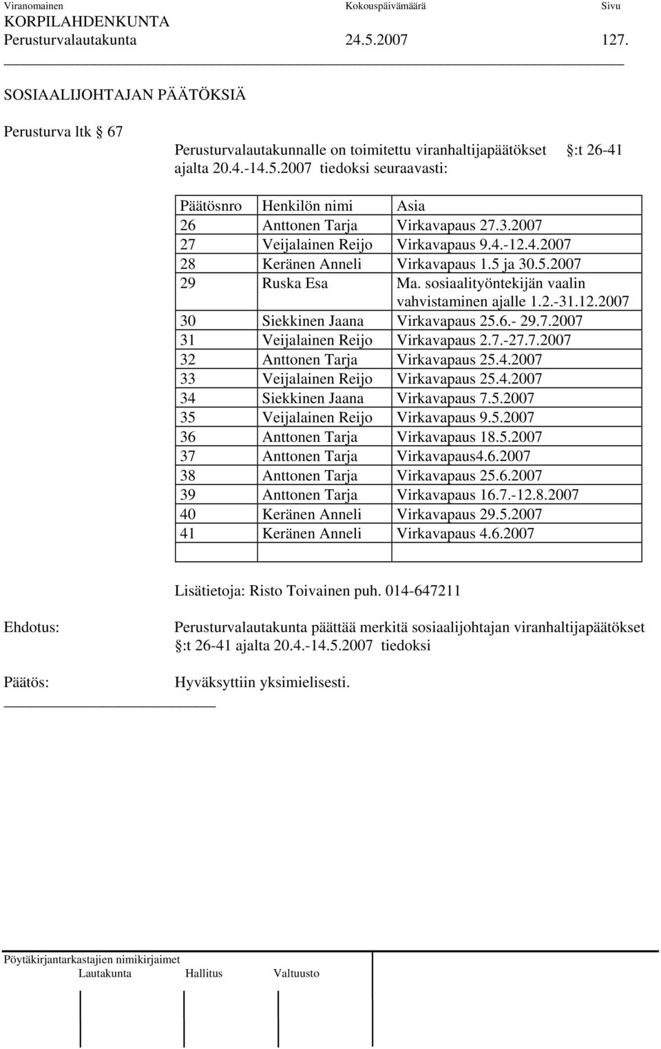 6.- 29.7.2007 31 Veijalainen Reijo Virkavapaus 2.7.-27.7.2007 32 Anttonen Tarja Virkavapaus 25.4.2007 33 Veijalainen Reijo Virkavapaus 25.4.2007 34 Siekkinen Jaana Virkavapaus 7.5.2007 35 Veijalainen Reijo Virkavapaus 9.