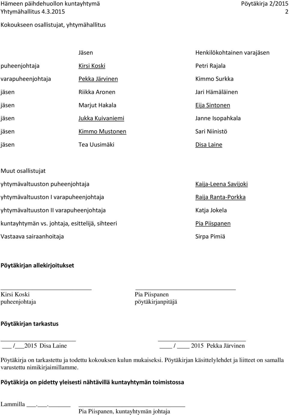 Hämäläinen jäsen Marjut Hakala Eija Sintonen jäsen Jukka Kuivaniemi Janne Isopahkala jäsen Kimmo Mustonen Sari Niinistö jäsen Tea Uusimäki Disa Laine Muut osallistujat yhtymävaltuuston puheenjohtaja
