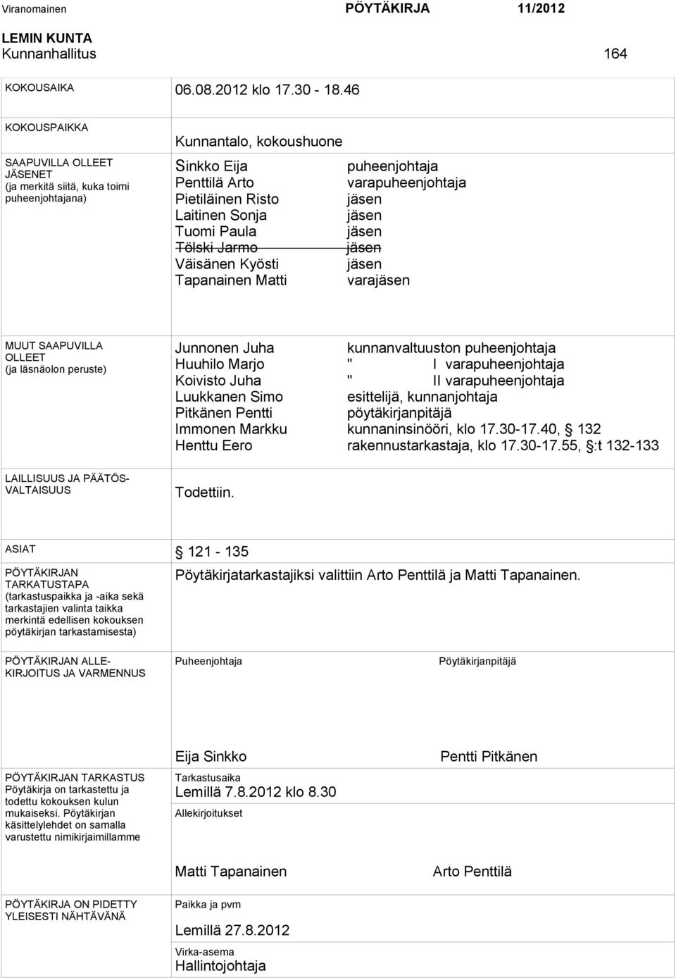 Laitinen Sonja jäsen Tuomi Paula jäsen Tölski Jarmo jäsen Väisänen Kyösti jäsen Tapanainen Matti varajäsen MUUT SAAPUVILLA OLLEET (ja läsnäolon peruste) Junnonen Juha kunnanvaltuuston puheenjohtaja