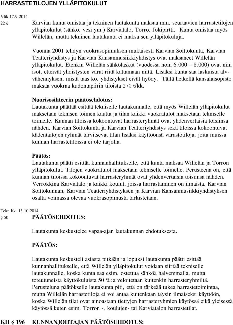 Vuonna 2001 tehdyn vuokrasopimuksen mukaisesti Karvian Soittokunta, Karvian Teatteriyhdistys ja Karvian Kansanmusiikkiyhdistys ovat maksaneet Willelän ylläpitokulut.