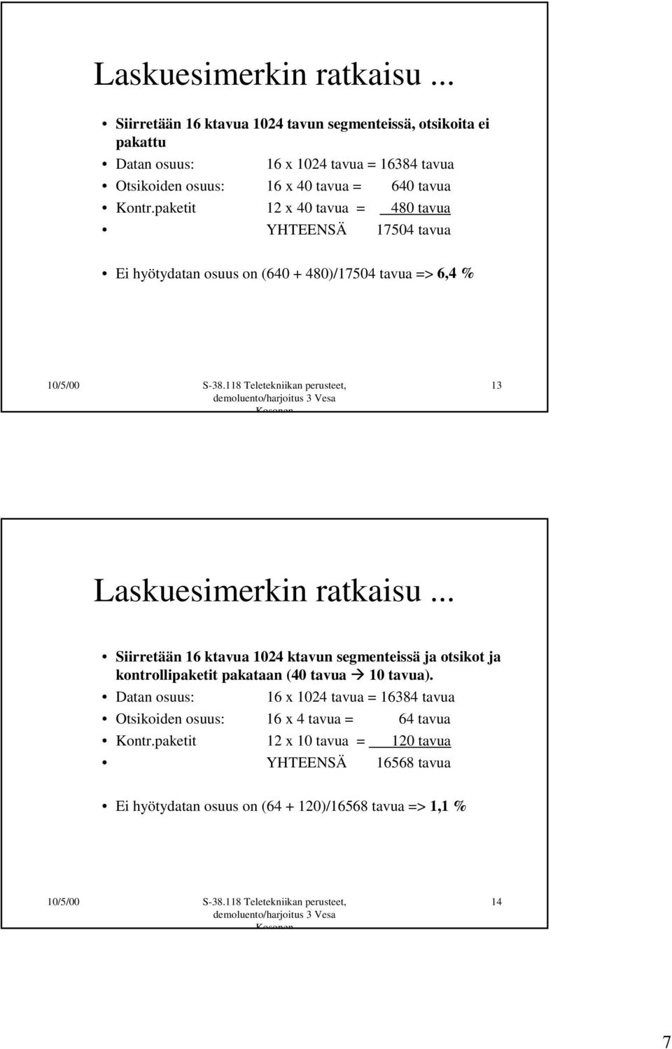 paketit 12 x 40 tavua = 480 tavua YHTEENSÄ 17504 tavua Ei hyötydatan osuus on (640 + 480)/17504 tavua => 6,4 % 13 .