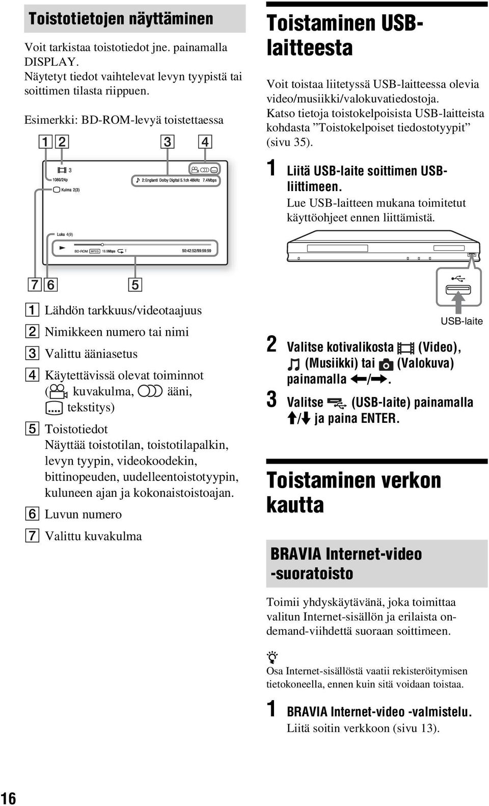 Katso tietoja toistokelpoisista USB-laitteista kohdasta Toistokelpoiset tiedostotyypit (sivu 35). 1 Liitä USB-laite soittimen USBliittimeen.