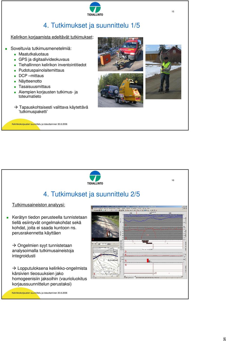 Tutkimukset ja suunnittelu 2/5 Tutkimusaineiston analyysi: Kerätyn tiedon perusteella tunnistetaan tiellä esiintyvät ongelmakohdat sekä kohdat, joita ei saada kuntoon ns.