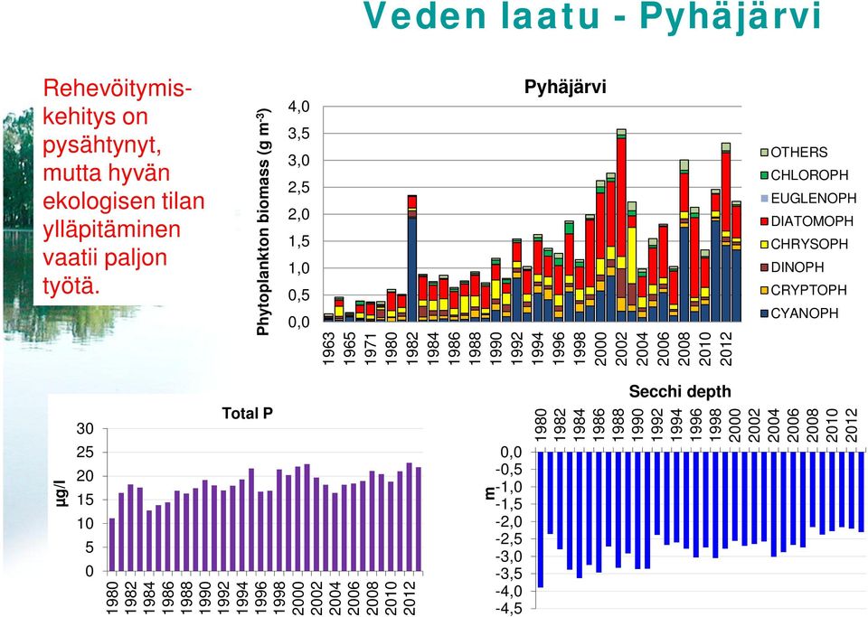 biomass (g m -3 ) Pyhäjärvi OTHERS CHLOROPH EUGLENOPH DIATOMOPH CHRYSOPH DINOPH CRYPTOPH CYANOPH µg/l 30 25 20 15 10 5 0 Total P 1980 1982 1984 1986 1988