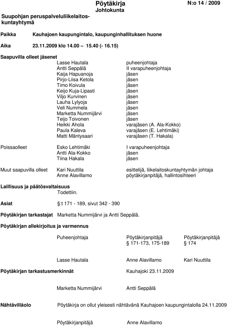 Toivonen Heikki Ahola Paula Kaleva Matti Mäntysaari puheenjohtaja II varapuheenjohtaja jäsen jäsen jäsen jäsen jäsen jäsen jäsen jäsen jäsen varajäsen (A. Ala-Kokko) varajäsen (E.