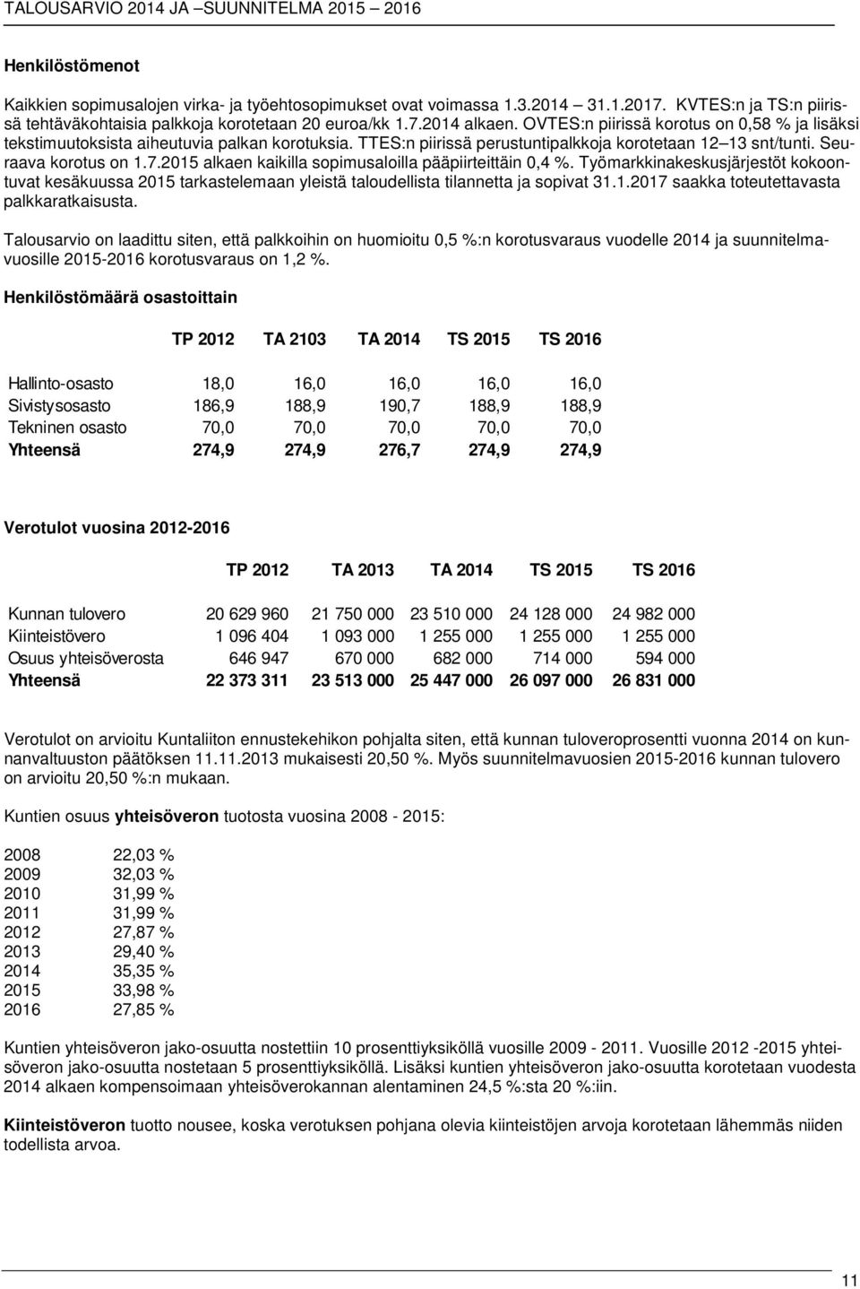 2015 alkaen kaikilla sopimusaloilla pääpiirteittäin 0,4 %. Työmarkkinakeskusjärjestöt kokoontuvat kesäkuussa 2015 tarkastelemaan yleistä taloudellista tilannetta ja sopivat 31.1.2017 saakka toteutettavasta palkkaratkaisusta.