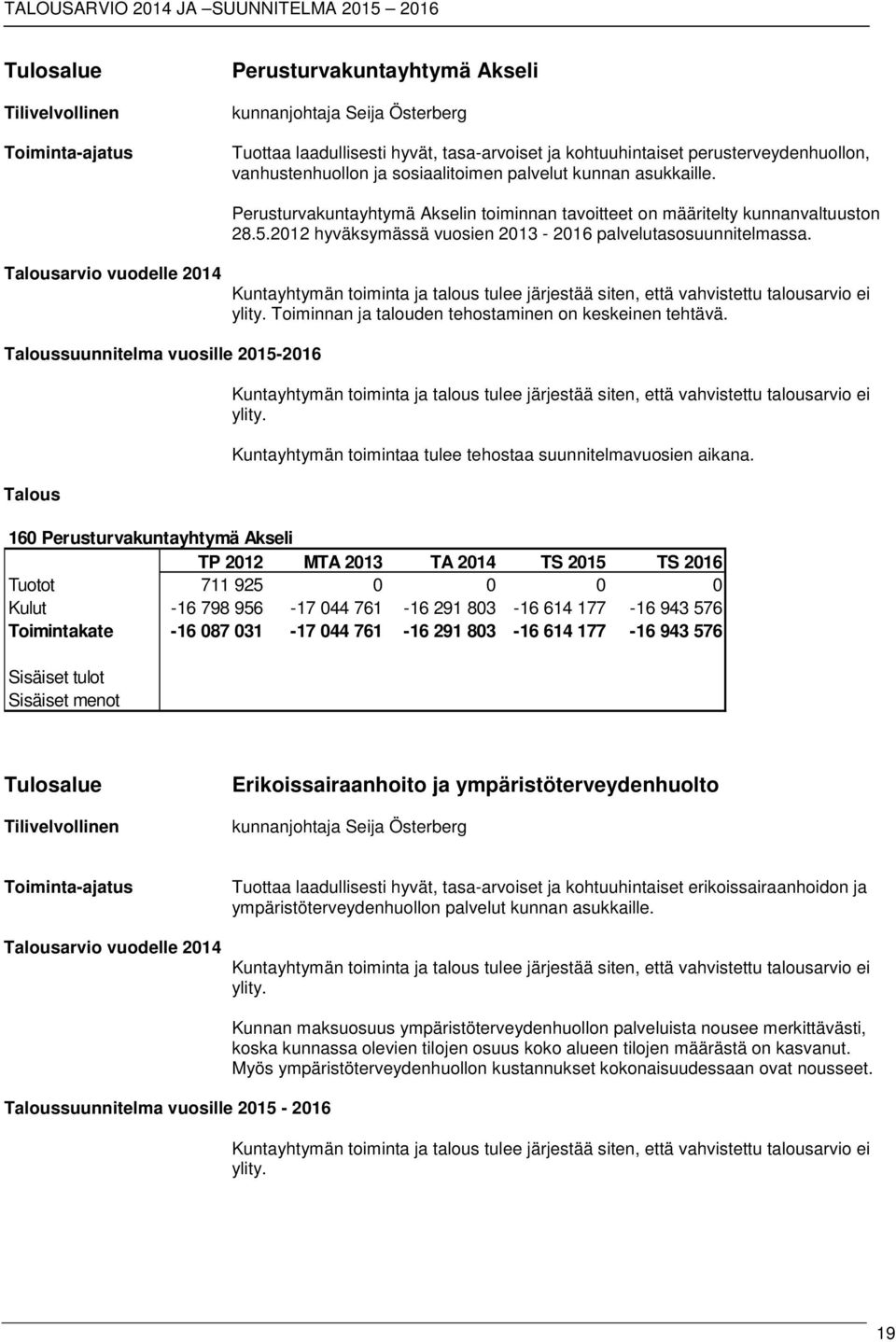 2012 hyväksymässä vuosien 2013-2016 palvelutasosuunnitelmassa. arvio vuodelle 2014 Kuntayhtymän toiminta ja talous tulee järjestää siten, että vahvistettu talousarvio ei ylity.