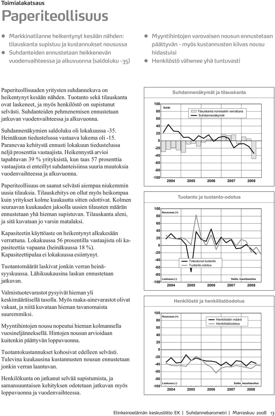 heikentynyt kesään nähden. Tuotanto sekä tilauskanta ovat laskeneet, ja myös henkilöstö on supistunut selvästi. Suhdanteiden pehmenemisen ennustetaan jatkuvan vuodenvaihteessa ja alkuvuonna.