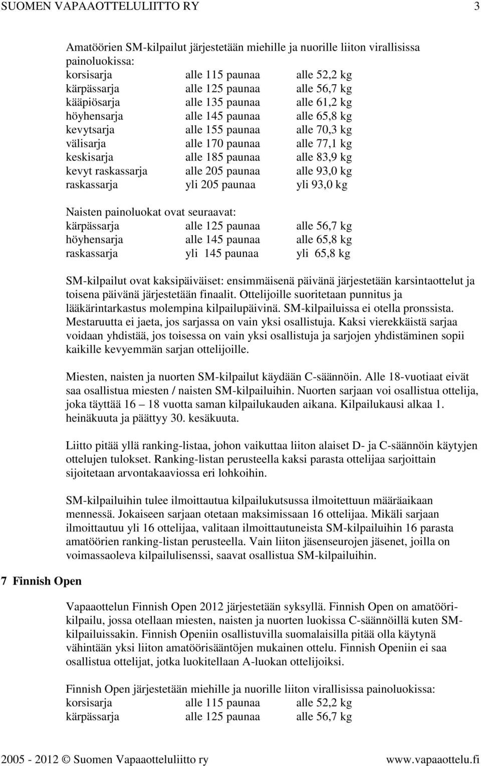 185 paunaa alle 83,9 kg kevyt raskassarja alle 205 paunaa alle 93,0 kg raskassarja yli 205 paunaa yli 93,0 kg Naisten painoluokat ovat seuraavat: kärpässarja alle 125 paunaa alle 56,7 kg höyhensarja