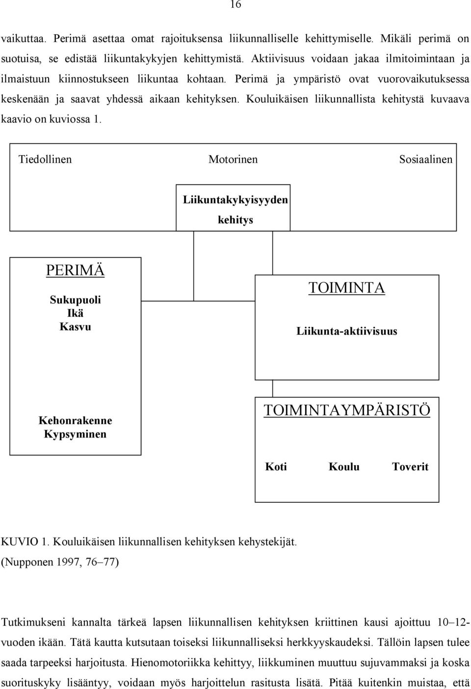 Kouluikäisen liikunnallista kehitystä kuvaava kaavio on kuviossa 1.