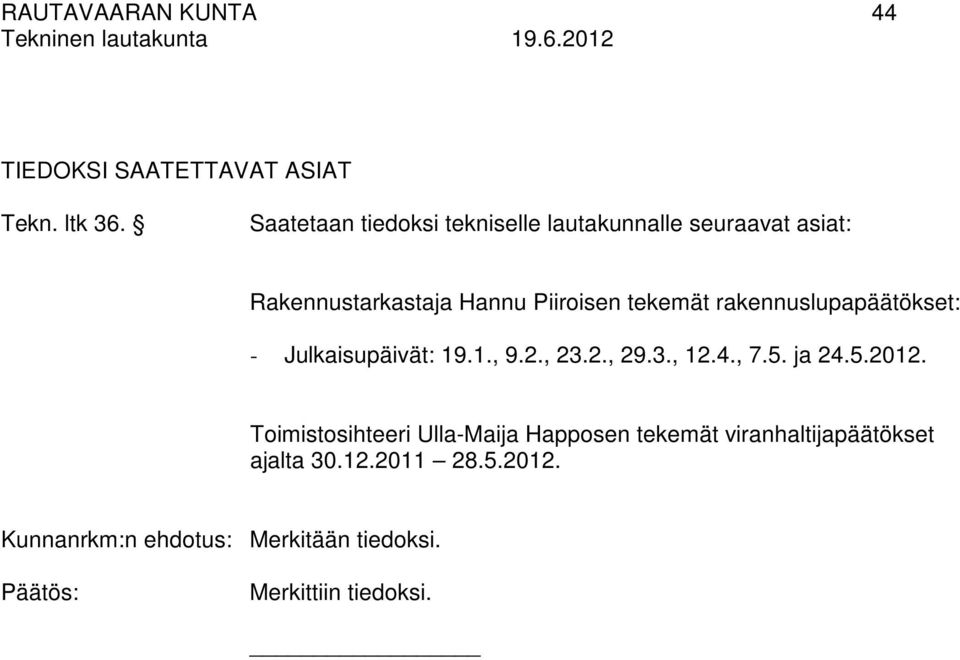 rakennuslupapäätökset: - Julkaisupäivät: 19.1., 9.2., 23.2., 29.3., 12.4., 7.5. ja 24.5.2012.