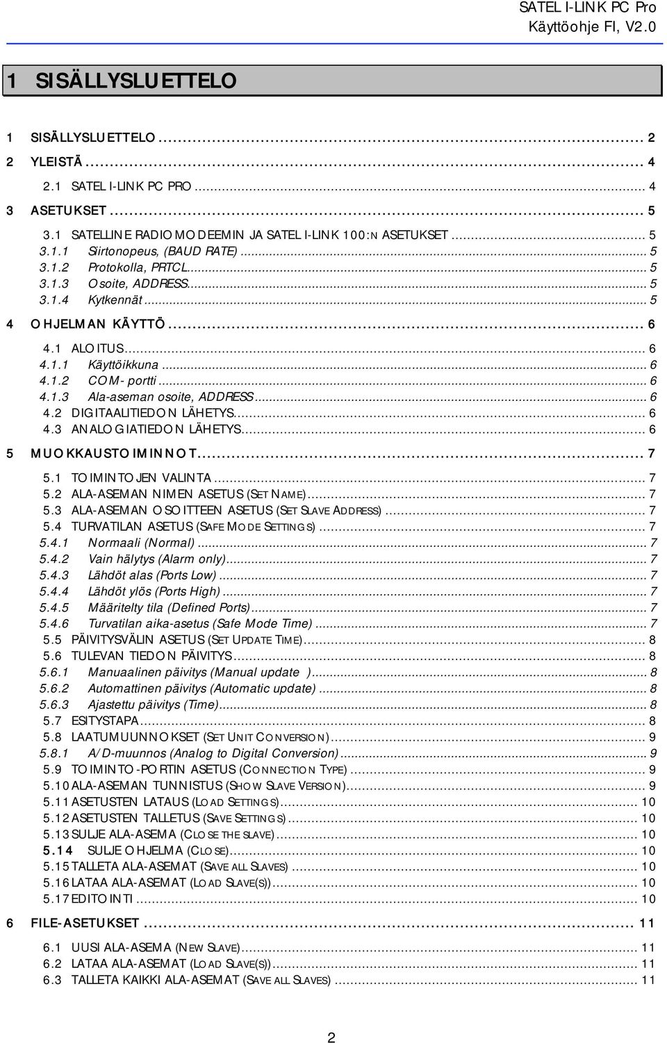 .. 6 4.2 DIGITAALITIEDON LÄHETYS... 6 4.3 ANALOGIATIEDON LÄHETYS... 6 5 MUOKKAUSTOIMINNOT... 7 5.1 TOIMINTOJEN VALINTA... 7 5.2 ALA-ASEMAN NIMEN ASETUS (SET NAME)... 7 5.3 ALA-ASEMAN OSOITTEEN ASETUS (SET SLAVE ADDRESS).