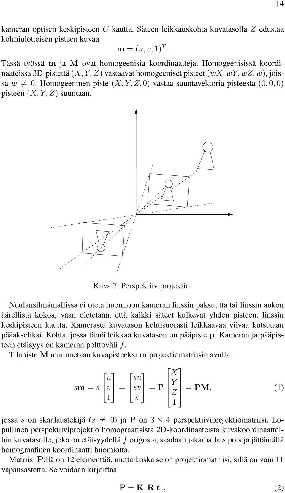 Homogeeninen piste (X, Y, Z, 0) vastaa suuntavektoria pisteestä (0, 0, 0) pisteen (X, Y, Z) suuntaan. 14 Kuva 7. Perspektiiviprojektio.