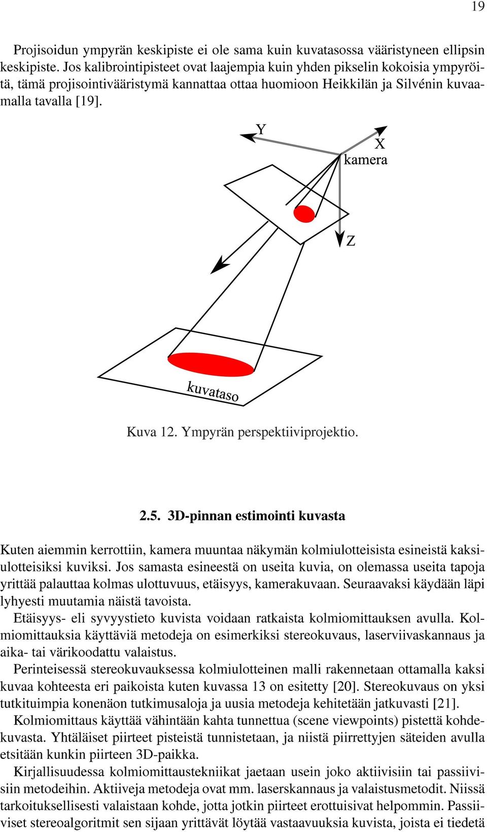 Ympyrän perspektiiviprojektio. 2.5. 3D-pinnan estimointi kuvasta Kuten aiemmin kerrottiin, kamera muuntaa näkymän kolmiulotteisista esineistä kaksiulotteisiksi kuviksi.