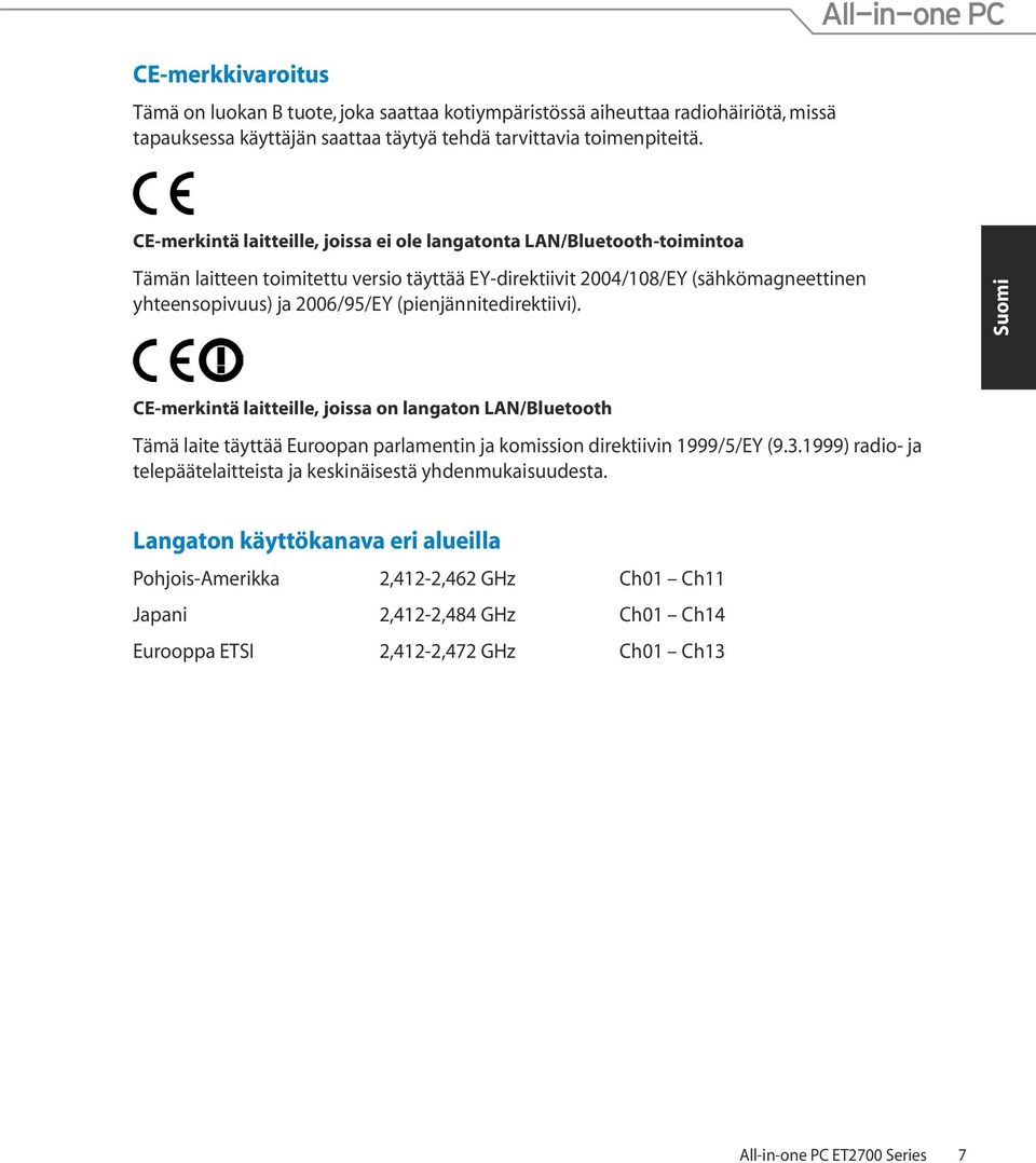 (pienjännitedirektiivi). CE-merkintä laitteille, joissa on langaton LAN/Bluetooth Tämä laite täyttää Euroopan parlamentin ja komission direktiivin 1999/5/EY (9.3.