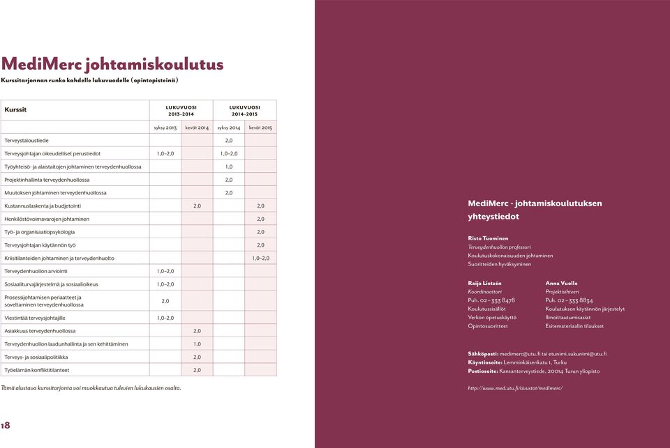 terveydenhuollossa 2,0 Kustannuslaskenta ja budjetointi 2,0 2,0 Henkilöstövoimavarojen johtaminen 2,0 Työ- ja organisaatiopsykologia 2,0 Terveysjohtajan käytännön työ 2,0 Kriisitilanteiden johtaminen