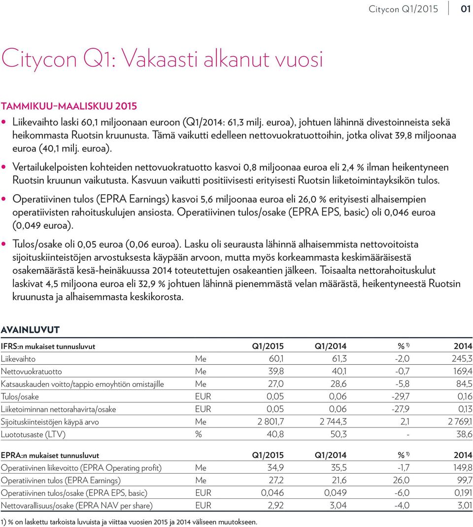 Vertailukelpoisten kohteiden nettovuokratuotto kasvoi 0,8 miljoonaa euroa eli 2,4 % ilman heikentyneen Ruotsin kruunun vaikutusta.