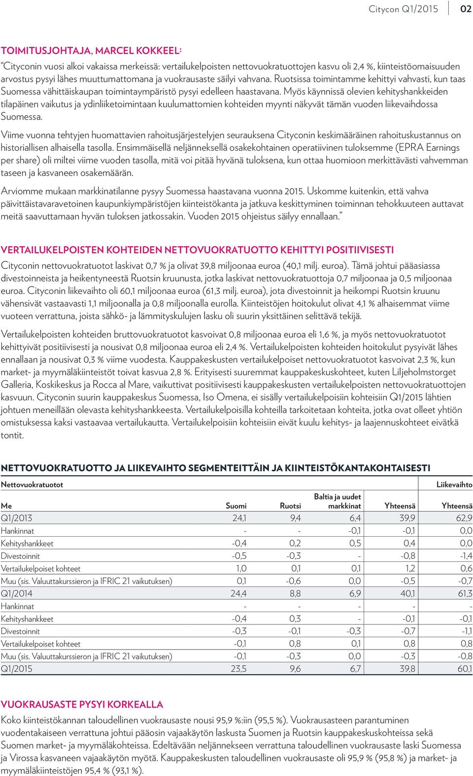 Myös käynnissä olevien kehityshankkeiden tilapäinen vaikutus ja ydinliiketoimintaan kuulumattomien kohteiden myynti näkyvät tämän vuoden liikevaihdossa Suomessa.