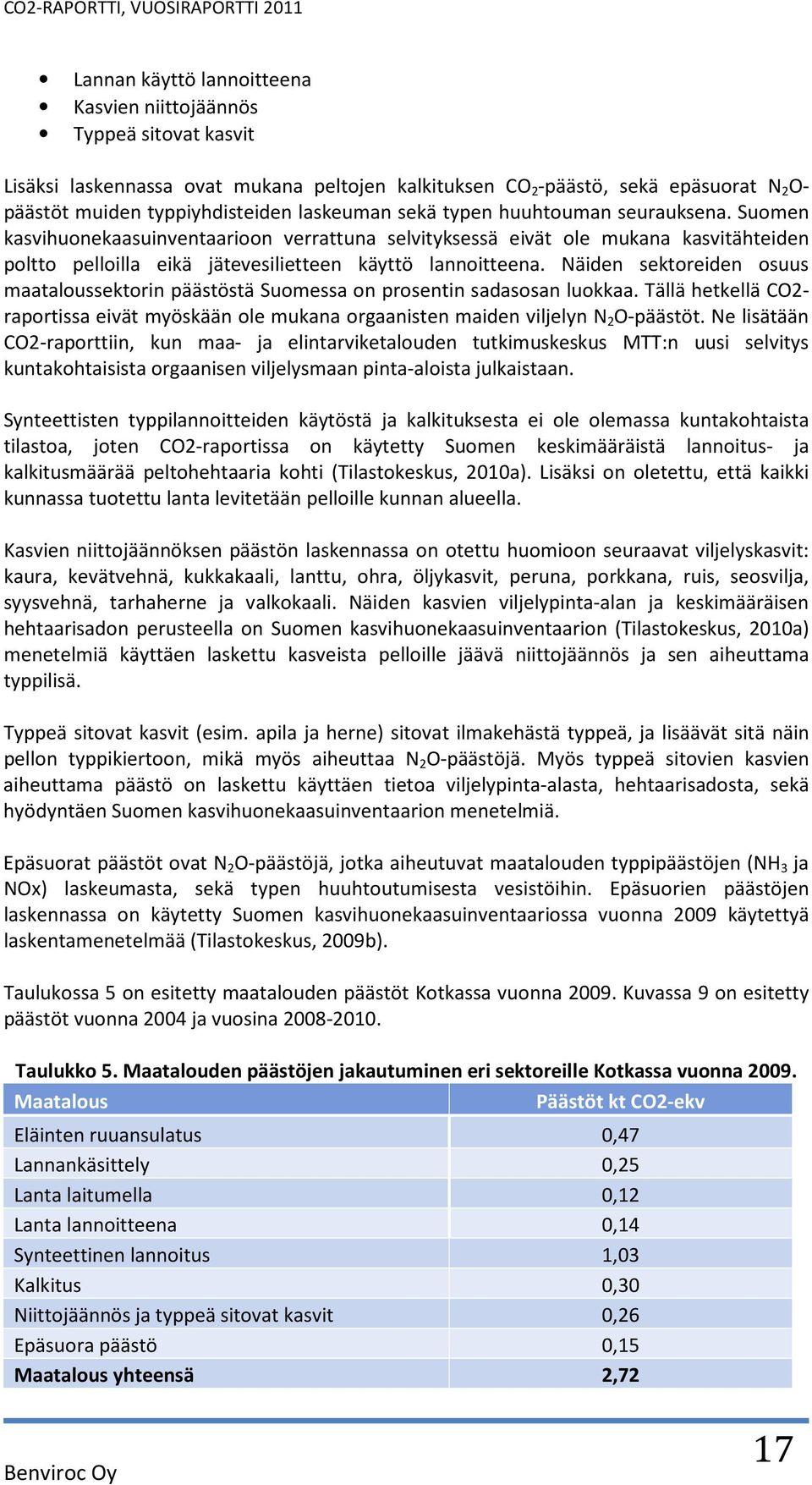 Näiden sektoreiden osuus maataloussektorin päästöstä Suomessa on prosentin sadasosan luokkaa. Tällä hetkellä CO2- raportissa eivät myöskään ole mukana orgaanisten maiden viljelyn N 2 O-päästöt.